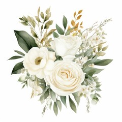 Watercolor floral illustration bouquet - white flowers, rose, peony, green and gold leaf branches collection. Wedding stationary, greetings, wallpapers, fashion. Eucalyptus, olive, Generative AI