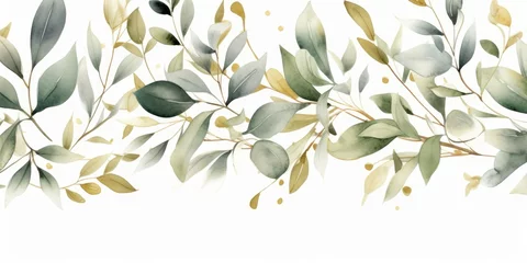 Kissenbezug Watercolor seamless border - illustration with green gold leaves and branches, for wedding stationary, greetings, wallpapers, fashion, backgrounds, textures, DIY, wrappers, Generative AI © Visual Vortex