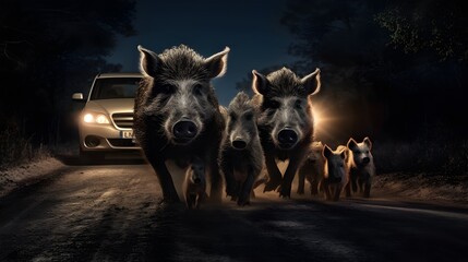 Family of wild boars walking down the street at night, danger for motorists. Road accidents caused by animals. Danger on the road. - obrazy, fototapety, plakaty