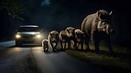 Naklejka premium Family of wild boars walking down the street at night, danger for motorists. Road accidents caused by animals. Danger on the road.