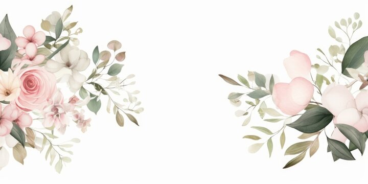Watercolor floral border wreath with green leaves, pink peach blush white flowers branches, for wedding invitations, greetings, wallpapers, fashion, prints. Eucalyptus, olive, rose, Generative AI