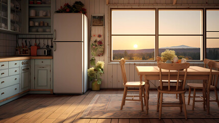a kitchen with a table and chairs and a refrigerator and a window with a view of the outside of the room