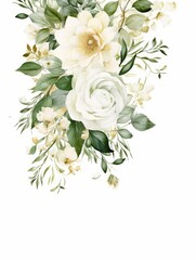Watercolor floral frame border with white flowers, rose, peony, green leaves, branches and gold elements, for wedding stationary, greetings, wallpapers, fashion, background. Eucalyptus, Generative AI