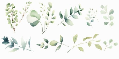 Watercolor floral illustration set - green leaf branches collection, for wedding stationary, greetings, wallpapers, fashion, background. Eucalyptus, olive, green leaves, Generative AI