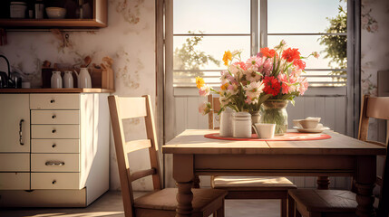 a kitchen with a table and chairs and a vase with flowers on it and a vase with flowers in it