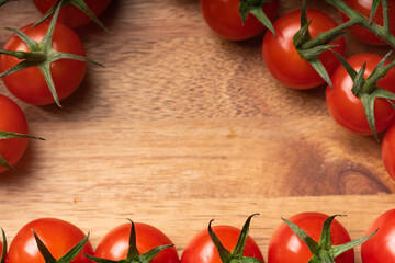 Top view of cherry tomatoes branch, space for text, close up, 
