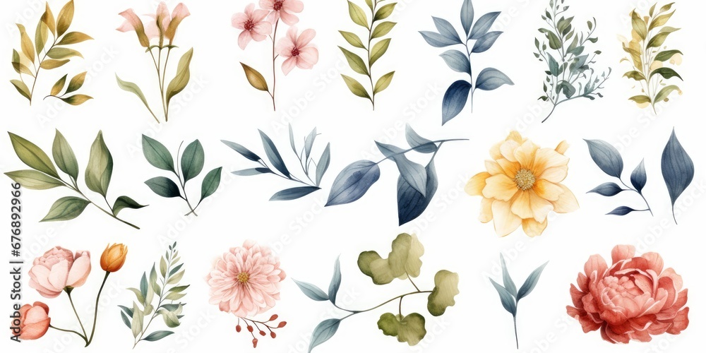 Wall mural watercolour floral illustration set. diy blush pink blue flower, green leaves individual elements co - Wall murals