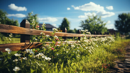 Wooden fence on green field background.