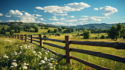 Fototapeta na wymiar Wooden fence on green field background.
