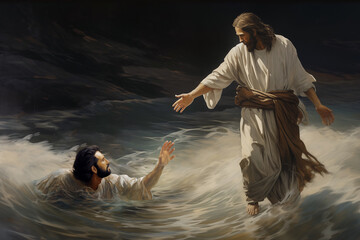 Jesus walks on the water and reaching out his hand to Peter. - obrazy, fototapety, plakaty