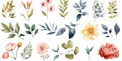 Watercolour floral illustration set. DIY blush pink blue flower, green leaves individual elements collection - for bouquets, wreaths, wedding invitations, anniversary, birthday,postcards,Generative AI