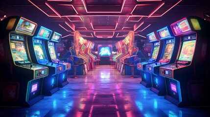 a 3D rendering of a retro gaming arcade with a variety of classic arcade machines.
