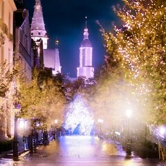 Fototapeta na wymiar クリスマスのイルミネーションが綺麗な街並み AI画像