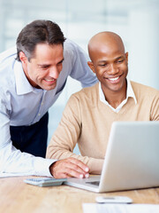 Fototapeta premium Business people, teamwork and laptop for accounting, planning budget and manager advice, support or help. Mature accountant, audit advisor and boss or men on computer for feedback on financial report
