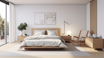 a 3D rendering of a Scandinavian-inspired bedroom with minimalist decor and natural wood accents.