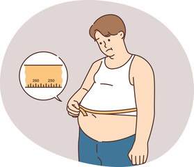 Unhappy fat man measure belly with tape