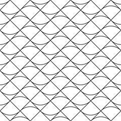 Fototapeta premium Grid motif. Ethnic embroidery ornament with repeated scallops. Scale. Repeat scallop background. Seamless surface pattern design with scales. Grill wallpaper. Crossed diagonal lines and curves. Vector