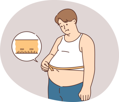 Unhappy fat man measure belly with tape
