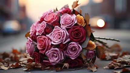 A heart and rose bouquet on the road, creating a symbolic and artistic moment perfect for expressing emotions and celebrating special occasions in an urban setting. For Valentine's Day concept.