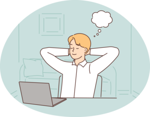 Young woman distracted from computer work dreaming