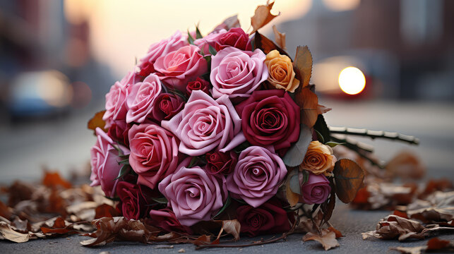 A heart and rose bouquet on the road, creating a symbolic and artistic moment perfect for expressing emotions and celebrating special occasions in an urban setting. For Valentine's Day concept.