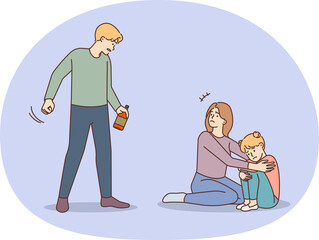 Scared mother protect child from drunk father