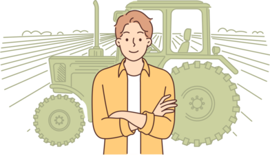 Man farmer stands in field near tractor for harvesting and looks at camera with arms crossed