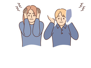 Man and woman suffering from insomnia sit in bed and cover ears with pillow due to noisy neighbors