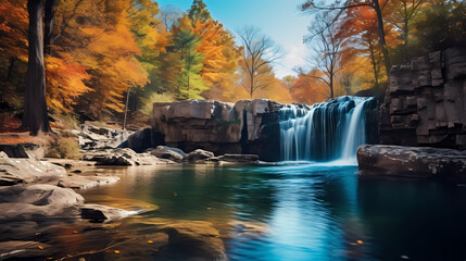 a waterfall in a forest with fall leaves on the ground and rocks in the water and a blue sky