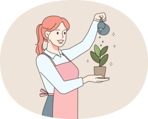 Happy woman watering plant