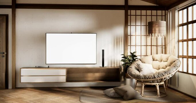 TV Japan - Smart TV on low table in room Japanese style with lamp and bonsai tree. 3D rendering
