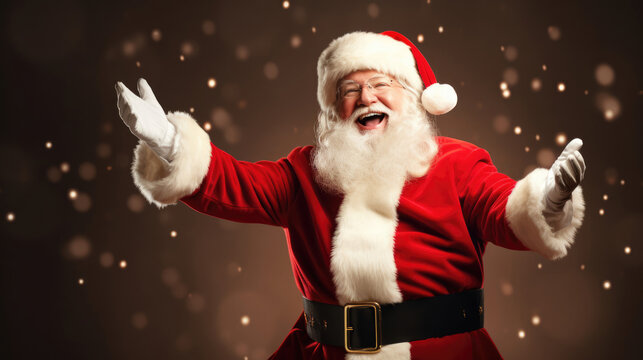 Santa Claus in a festive and stylish costume,  celebrating in pure joy