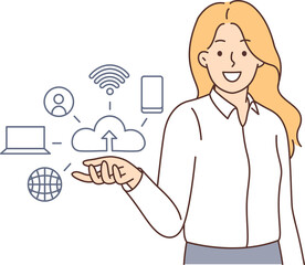 Business woman near symbols of cloud computing technologies proposes to develop innovative startup