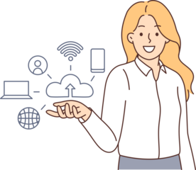 Business woman near symbols of cloud computing technologies proposes to develop innovative startup