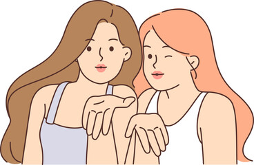 Two seductive women blow kiss and look at screen wanting to flirt or invite guys for walk