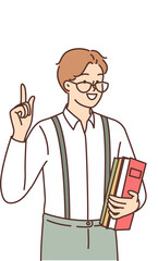 Man inventor invented solution to problem points finger at gears with question and exclamation marks