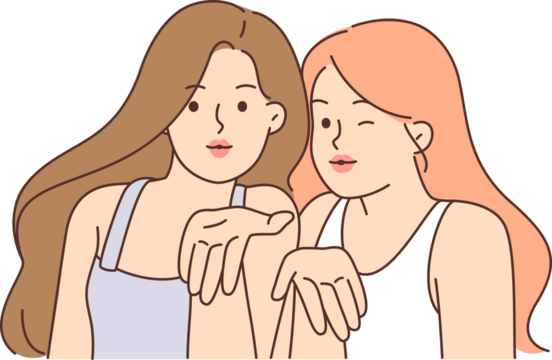 Two seductive women blow kiss and look at screen wanting to flirt or invite guys for walk