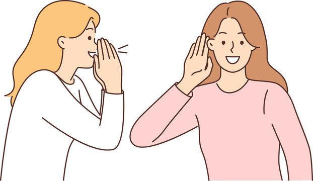 Woman screams to tell interesting news to female friend, puts hand to ear during conversation