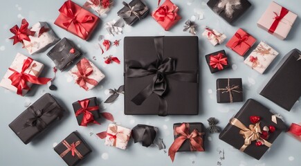 gift boxes and decorations on abstract background, sales gifts background, colored gifts wallpaper, black friday