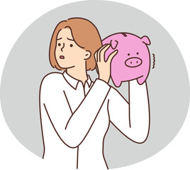 Unhappy woman with piggybank stressed with finances