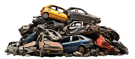 Towering pile of junk cars, cut out - obrazy, fototapety, plakaty