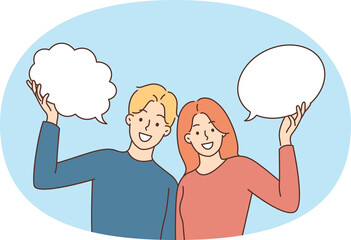 Smiling people with speech bubbles