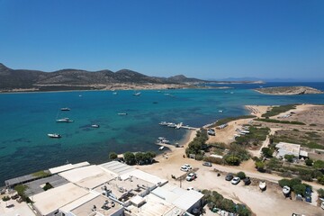 Aerial views from over the Greek Island of Antiparos, looking out towards the adjacent island of Despotiko
