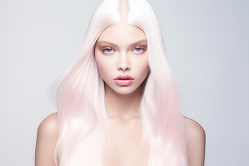 Minimalistic avantgarde fashion top model with long white synthetic straight hair