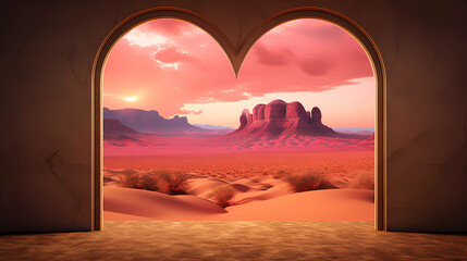 a window with a heart shaped window frame and a desert scene outside it