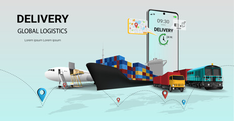 Online Global business delivery logistics service on mobile. Global logistics. rail transportation, Train, Freight Ship, cargo plane, truck, warehouse, container transport. 3d Vector illustration - obrazy, fototapety, plakaty