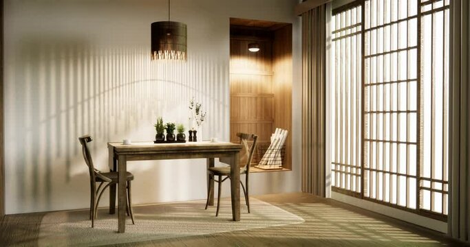 dinner room japanese style with long table and wooden chairs in room japandi.3D rendering
