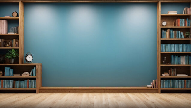 empty room with bookshelves on blue board background, 3d Rendering.