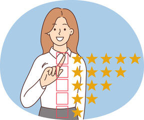 Smiling woman give five star feedback