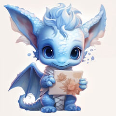 Cute little blue dragon reading a book. Cartoon illustration. Chinese new year blue dragon cute baby dragon holding a post letter in a white background